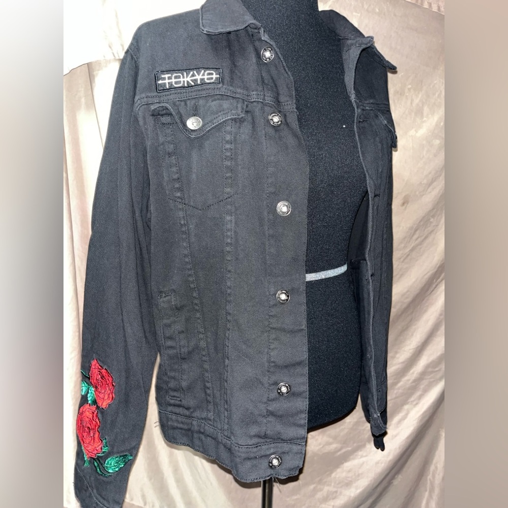 Brooklyn Cloth Black Jean Jacket with Red Floral Detail